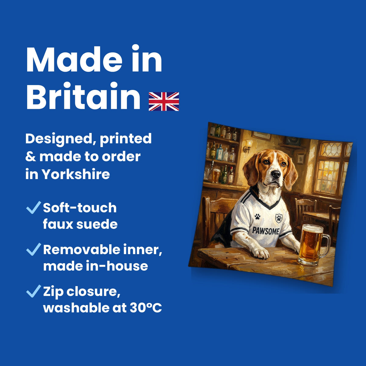 Made in Britain - designed, printed and made to order in Yorkshire, faux suede cushion with removable inner
