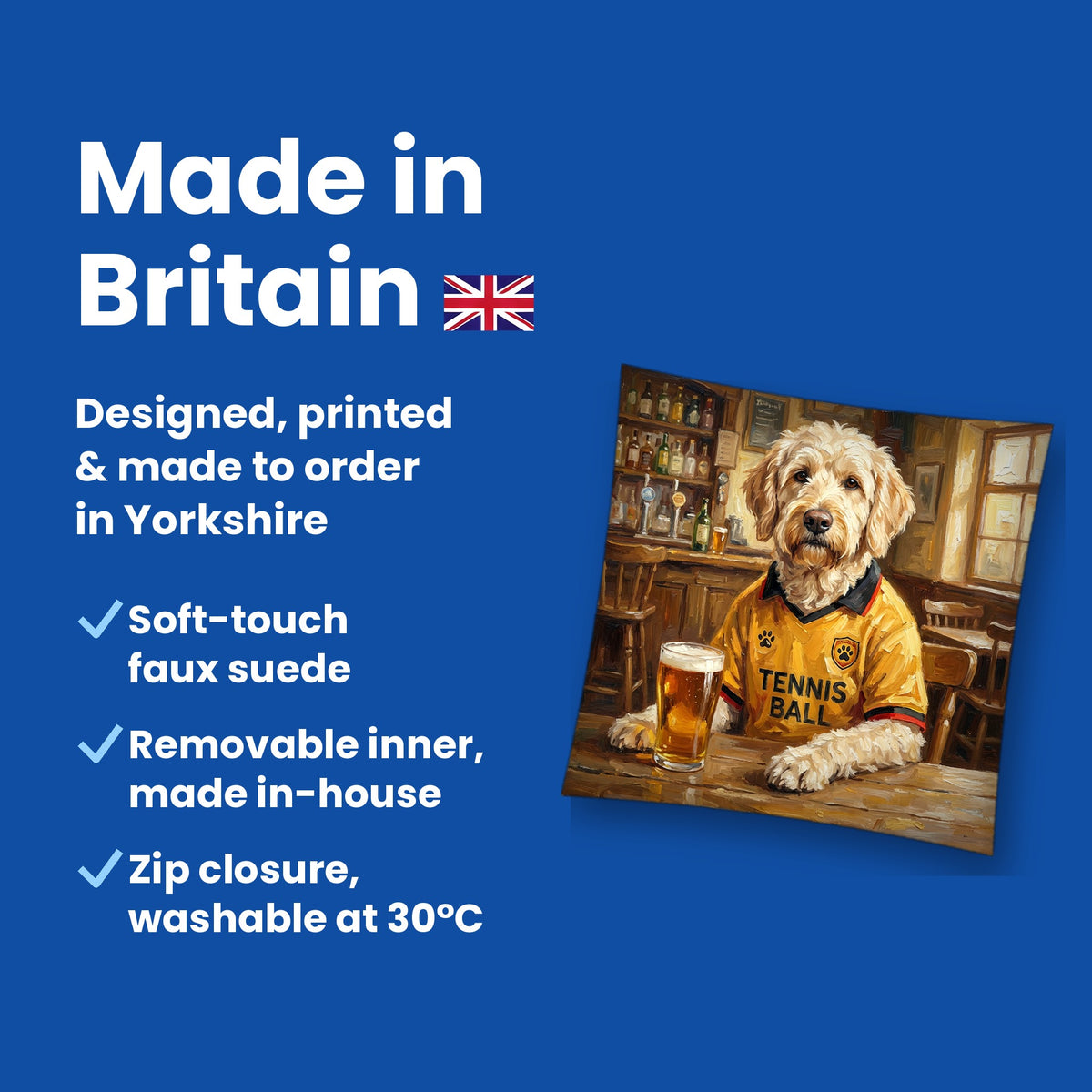 Made in Britain - designed, printed and made to order in Yorkshire, faux suede cushion with removable inner