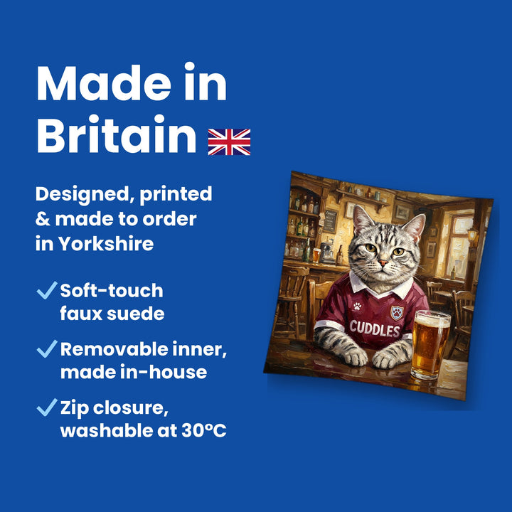 Made in Britain - designed, printed and made to order in Yorkshire, faux suede cushion with removable inner