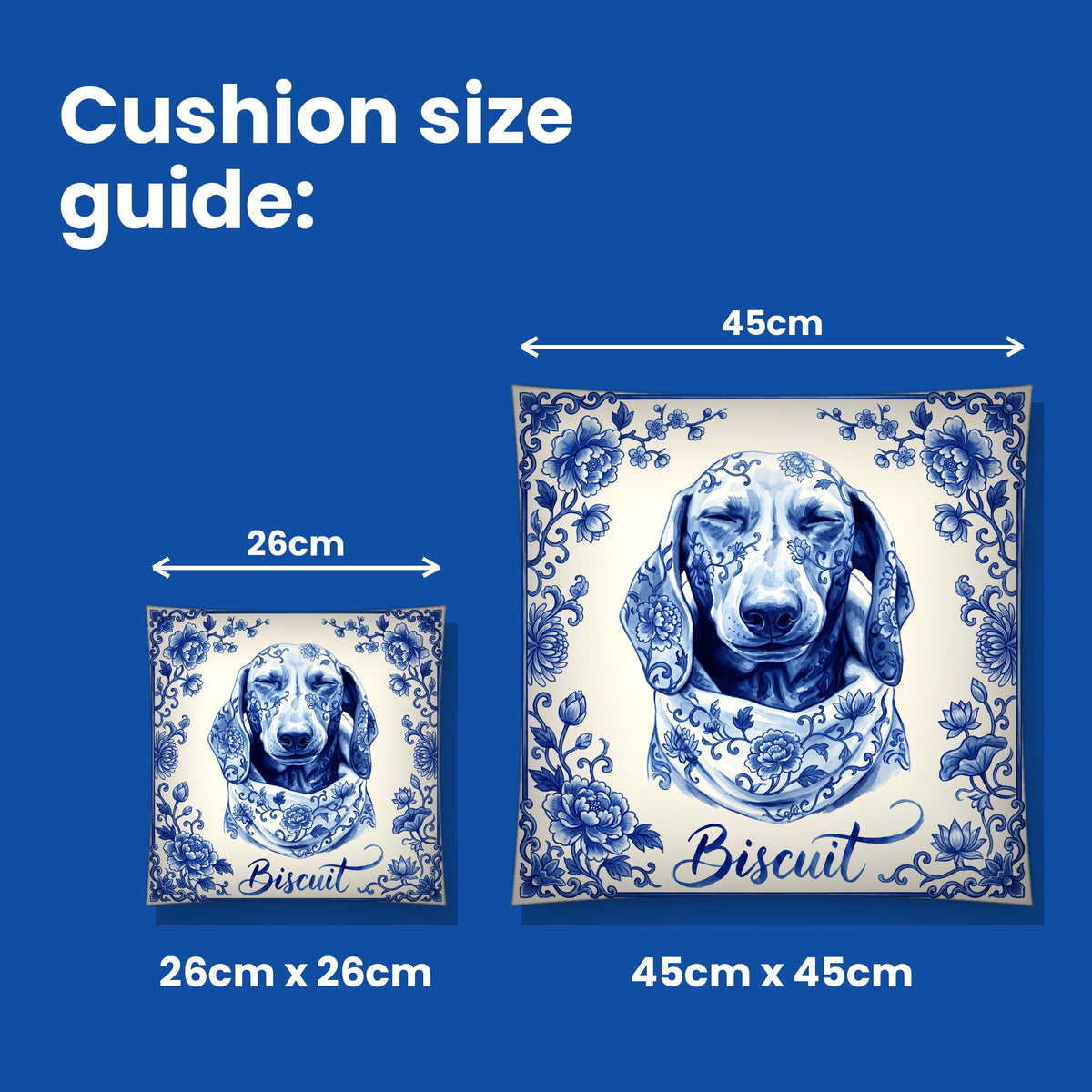 Cushion size guide - 26cm x 26cm and 45cm x 45cm