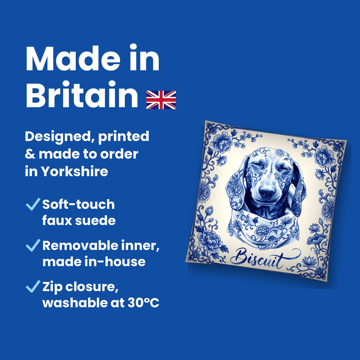 Made in Britain - designed, printed and made to order in Yorkshire, faux suede cushion with removable inner