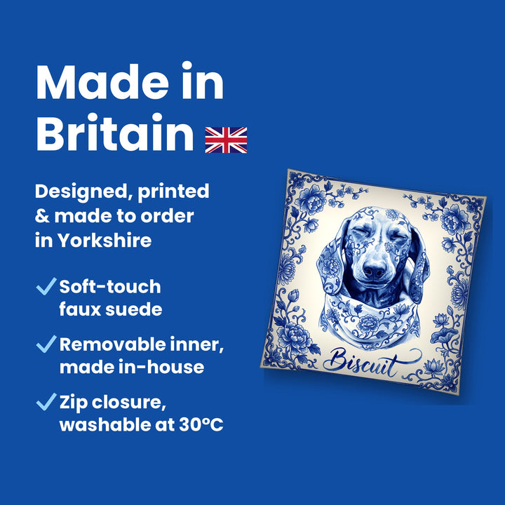 Made in Britain - designed, printed and made to order in Yorkshire, faux suede cushion with removable inner