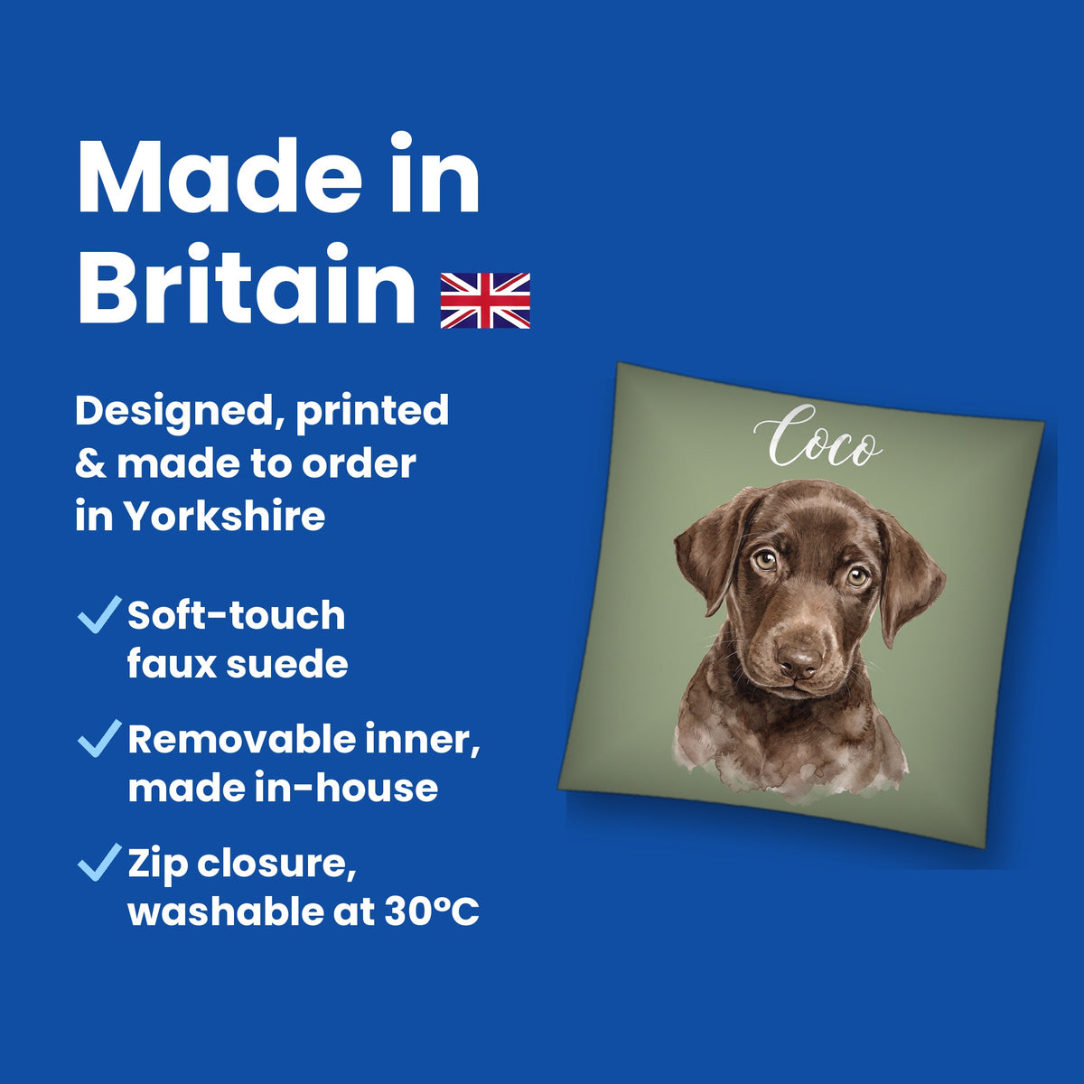 Made in Britain - designed, printed and made to order in Yorkshire, faux suede cushion with removable inner