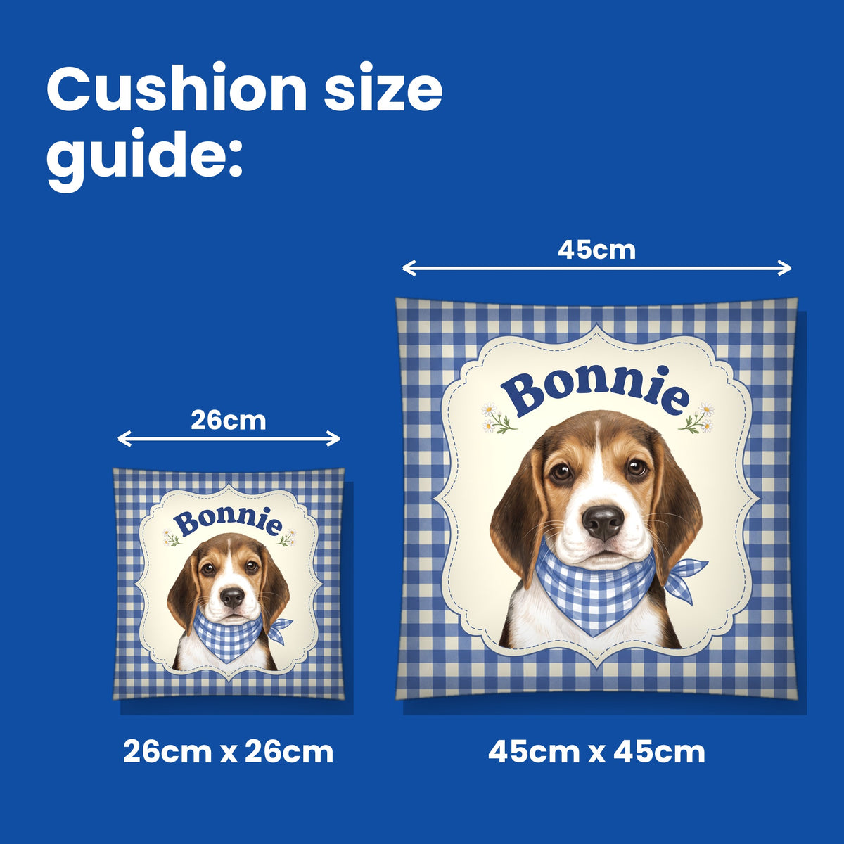 Cushion size guide - 26cm x 26cm and 45cm x 45cm