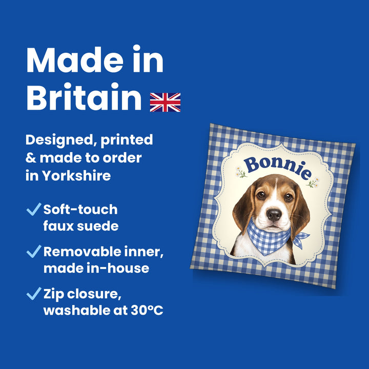 Made in Britain - designed, printed and made to order in Yorkshire, faux suede cushion with removable inner