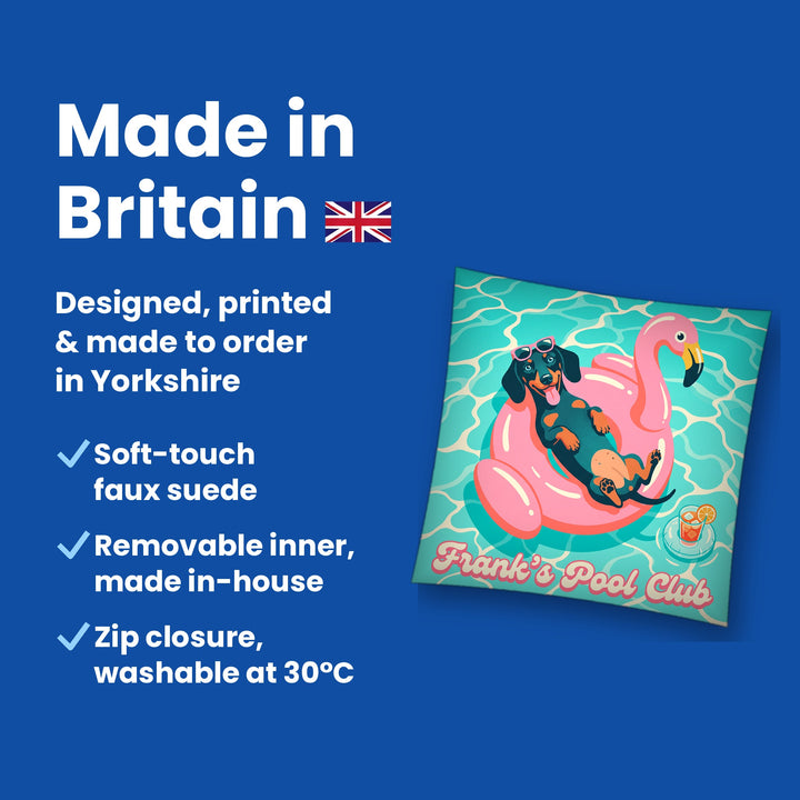 Made in Britain - designed, printed and made to order in Yorkshire, faux suede cushion with removable inner