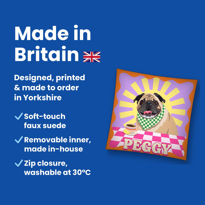Made in Britain - designed, printed and made to order in Yorkshire, faux suede cushion with removable inner