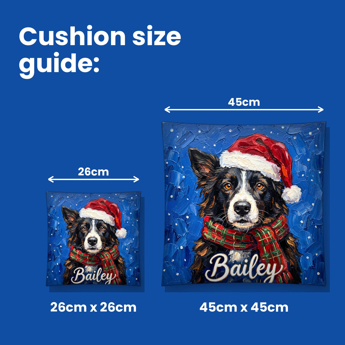 Cushion size guide - 26cm x 26cm and 45cm x 45cm