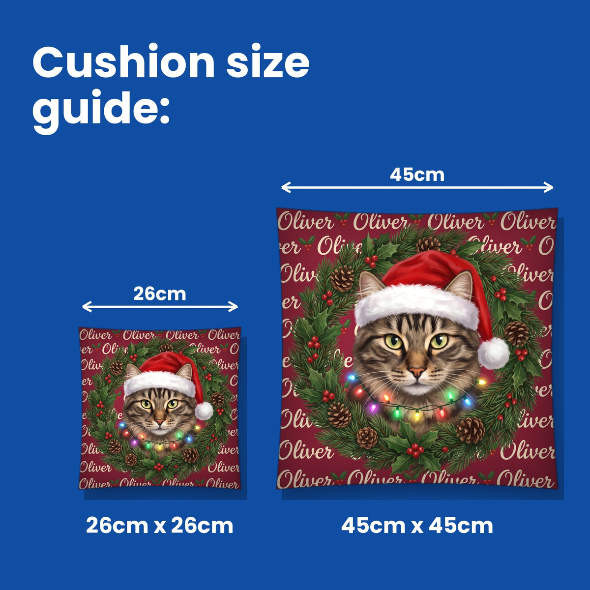 Cushion size guide - 26cm x 26cm and 45cm x 45cm