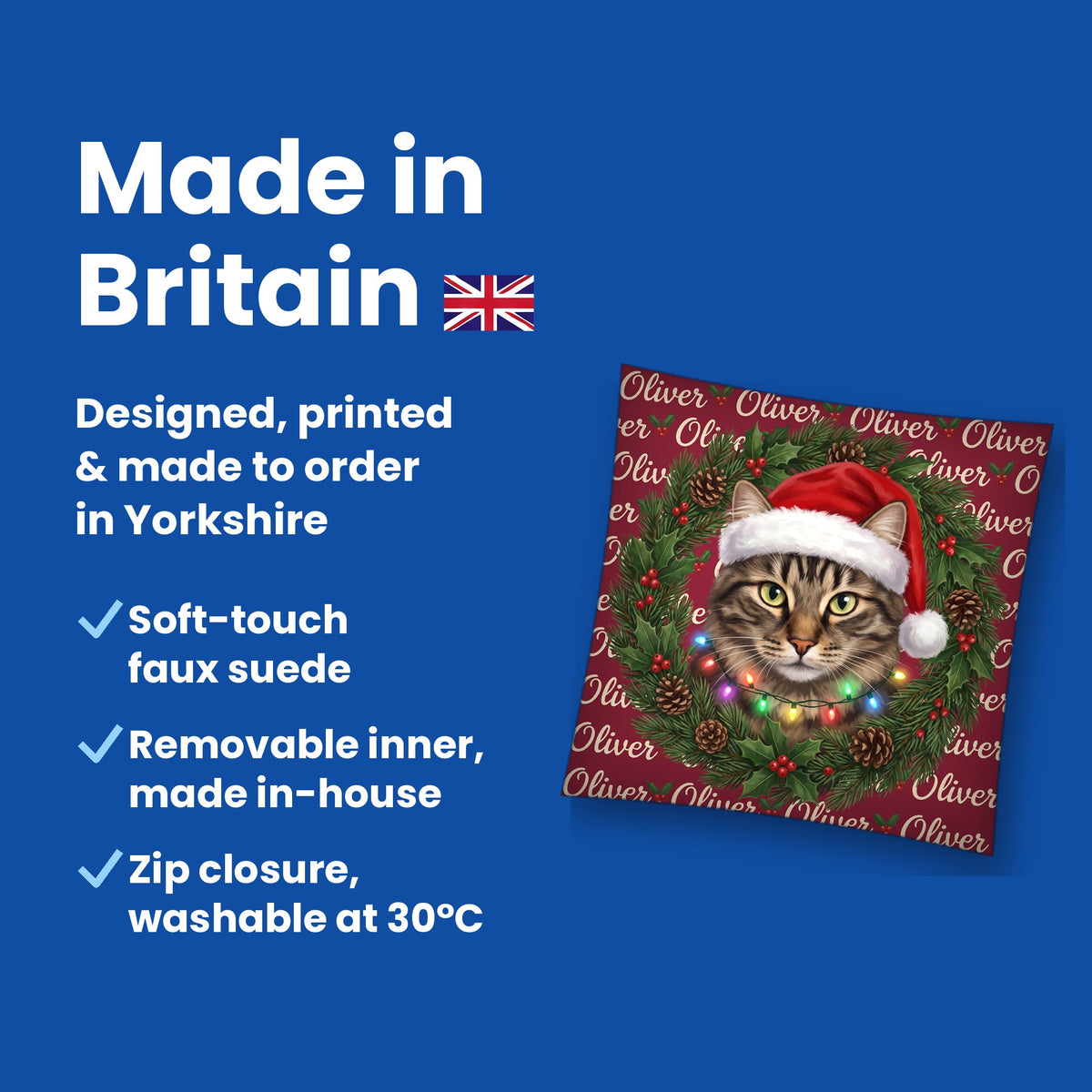 Made in Britain - designed, printed and made to order in Yorkshire, faux suede cushion with removable inner
