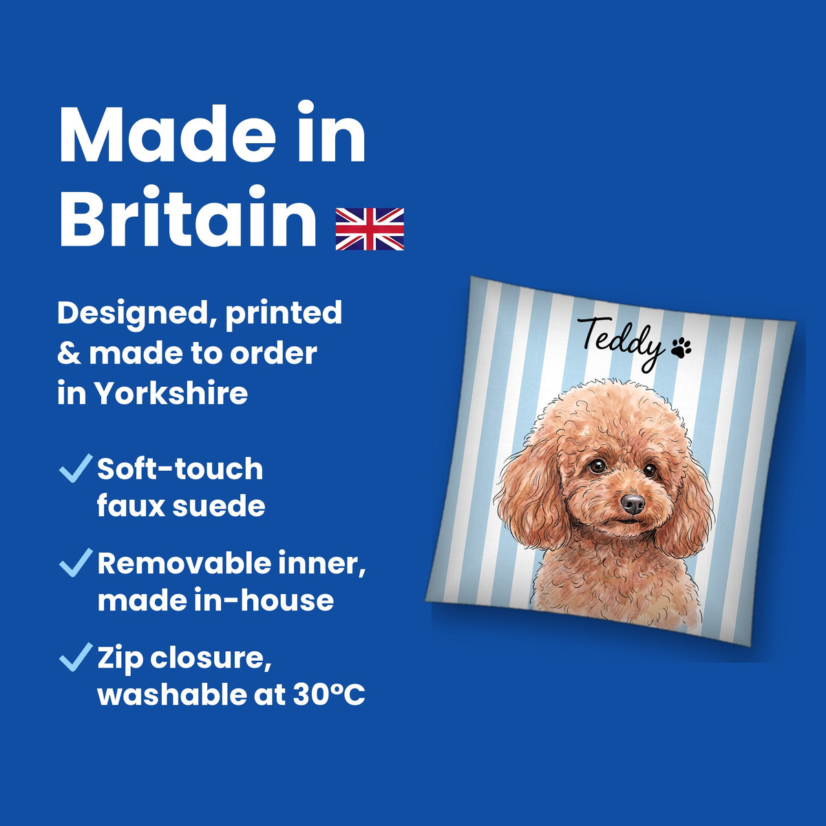 Made in Britain - designed, printed and made to order in Yorkshire, faux suede cushion with removable inner
