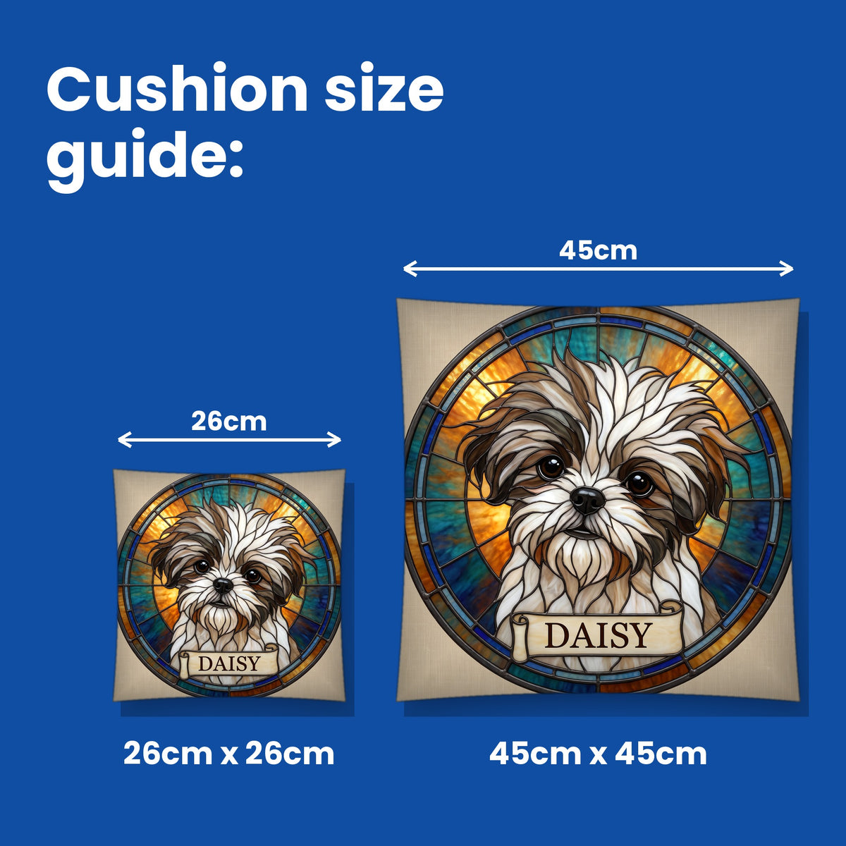 Cushion size guide - 26cm x 26cm and 45cm x 45cm