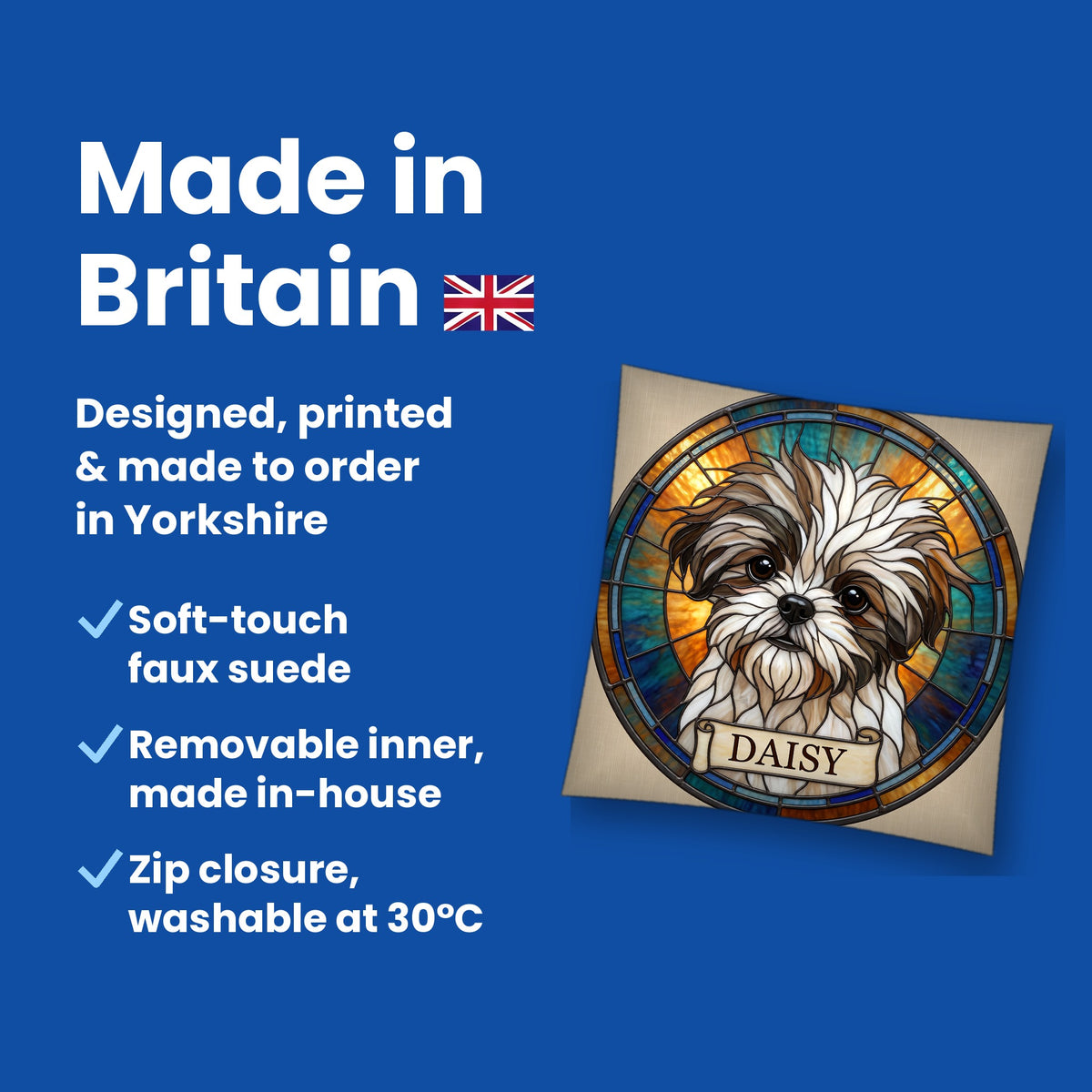 Made in Britain - designed, printed and made to order in Yorkshire, faux suede cushion with removable inner
