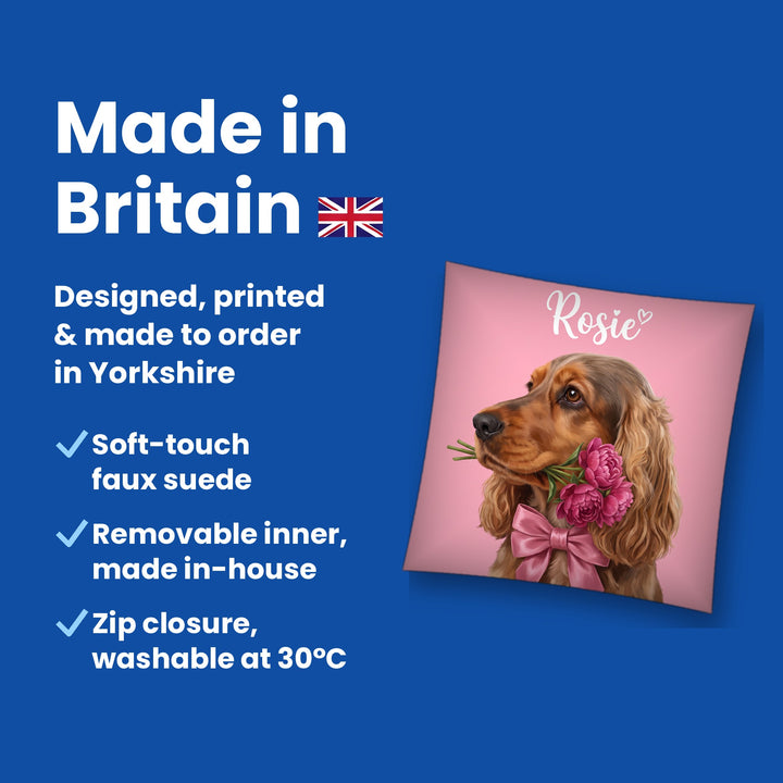 Made in Britain - designed, printed and made to order in Yorkshire, faux suede cushion with removable inner