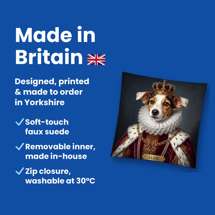 Made in Britain - designed, printed and made to order in Yorkshire, faux suede cushion with removable inner