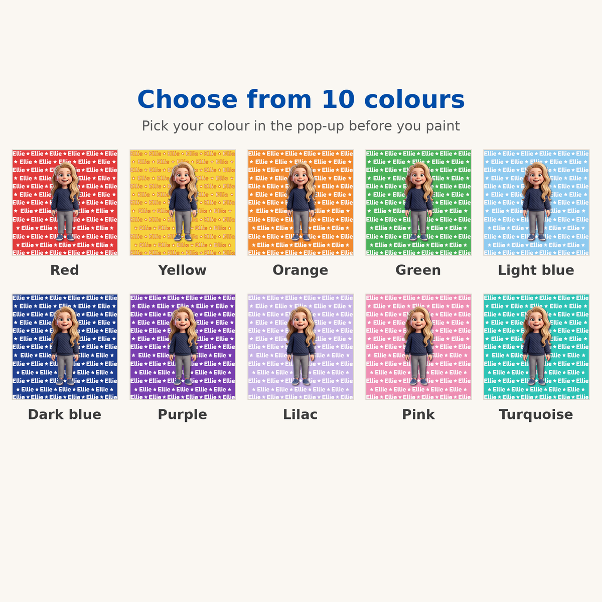 Cartoon Name Pattern colour options - red, yellow, orange, green, light blue, dark blue, purple, lilac, pink, turquoise