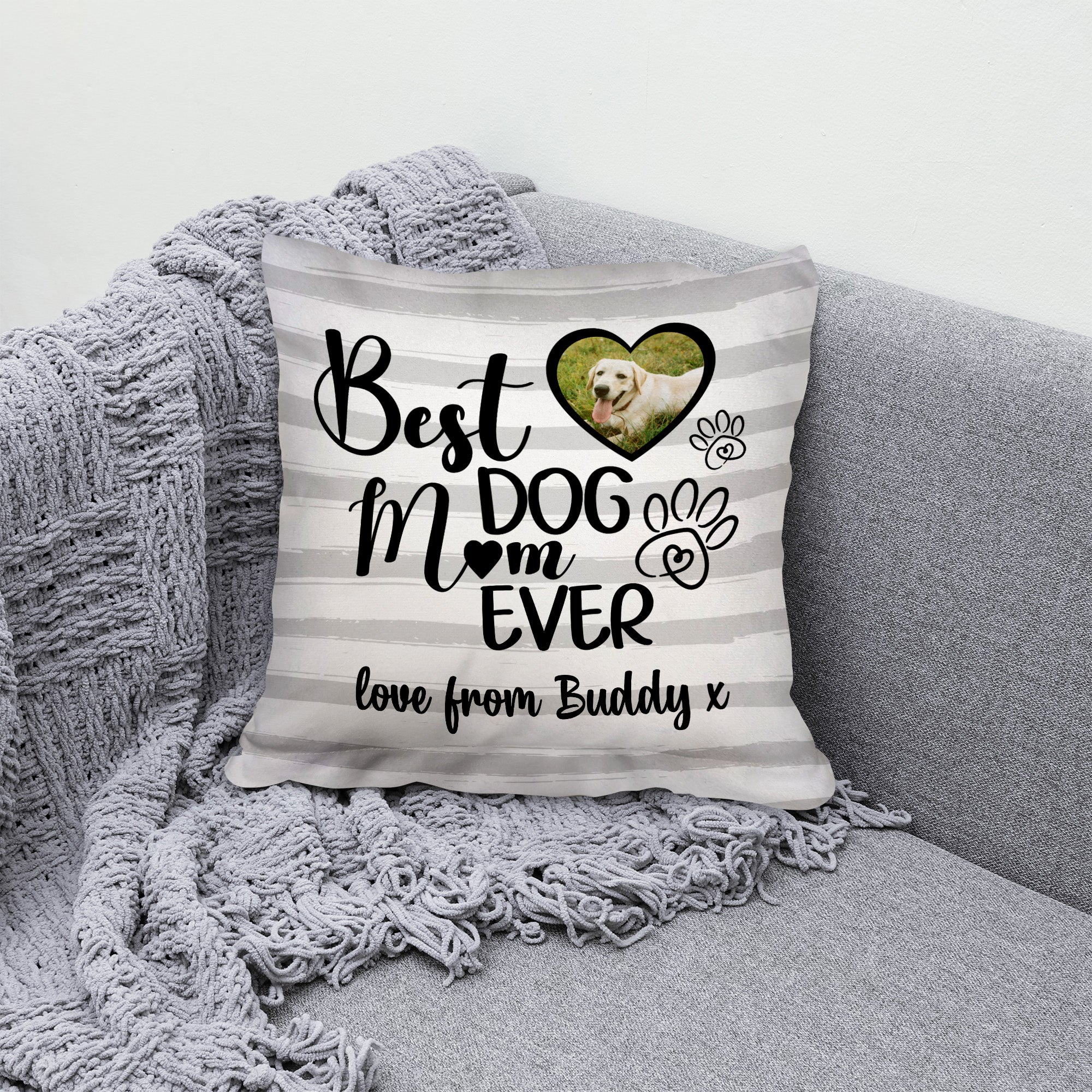 Best Dog Mum - Grey Stripe - 26cm x 26cm - Personalised Cushion