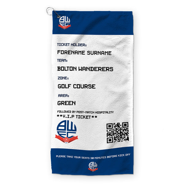 Bolton Wanderers FC - Ticket - Name and Number Lightweight, Microfibre Golf Towel - Officially Licenced