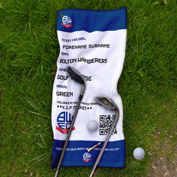 Bolton Wanderers FC - Ticket - Name and Number Lightweight, Microfibre Golf Towel - Officially Licenced