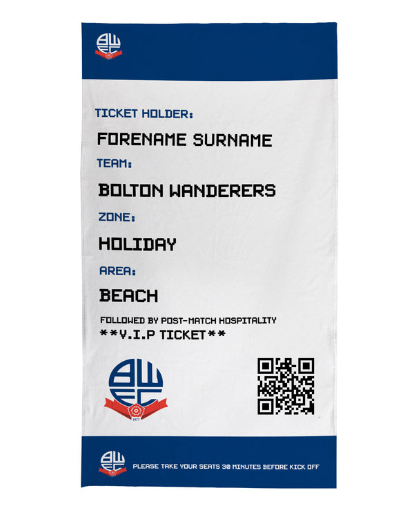 Bolton Wanderers - Ticket Personalised Lightweight, Microfibre Beach Towel - 150cm x 75cm - Officially Licenced