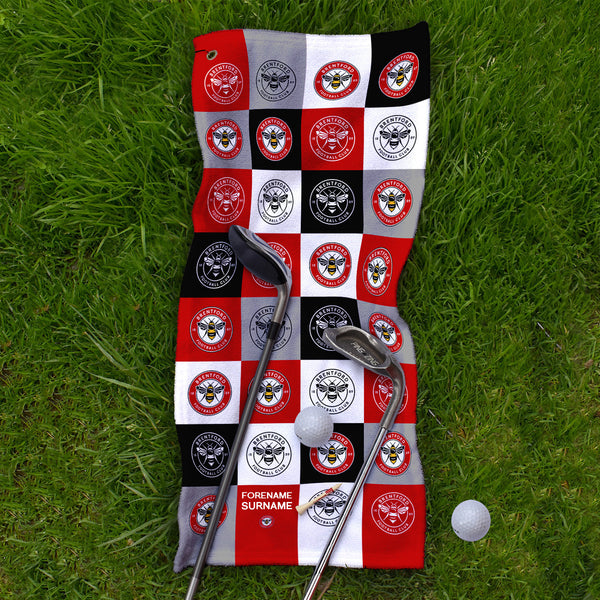 Brentford FC - Chequered - Name and Number Lightweight, Microfibre Golf Towel - Officially Licenced