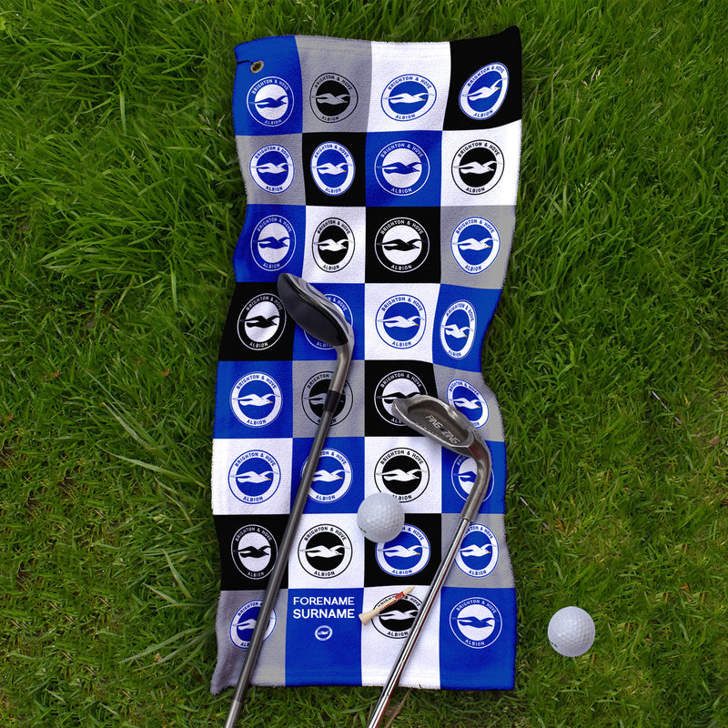Brighton & Hove Albion FC - Chequered - Name and Number Lightweight, Microfibre Golf Towel - Officially Licenced