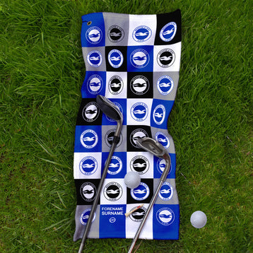 Brighton & Hove Albion FC - Chequered - Name and Number Lightweight, Microfibre Golf Towel - Officially Licenced