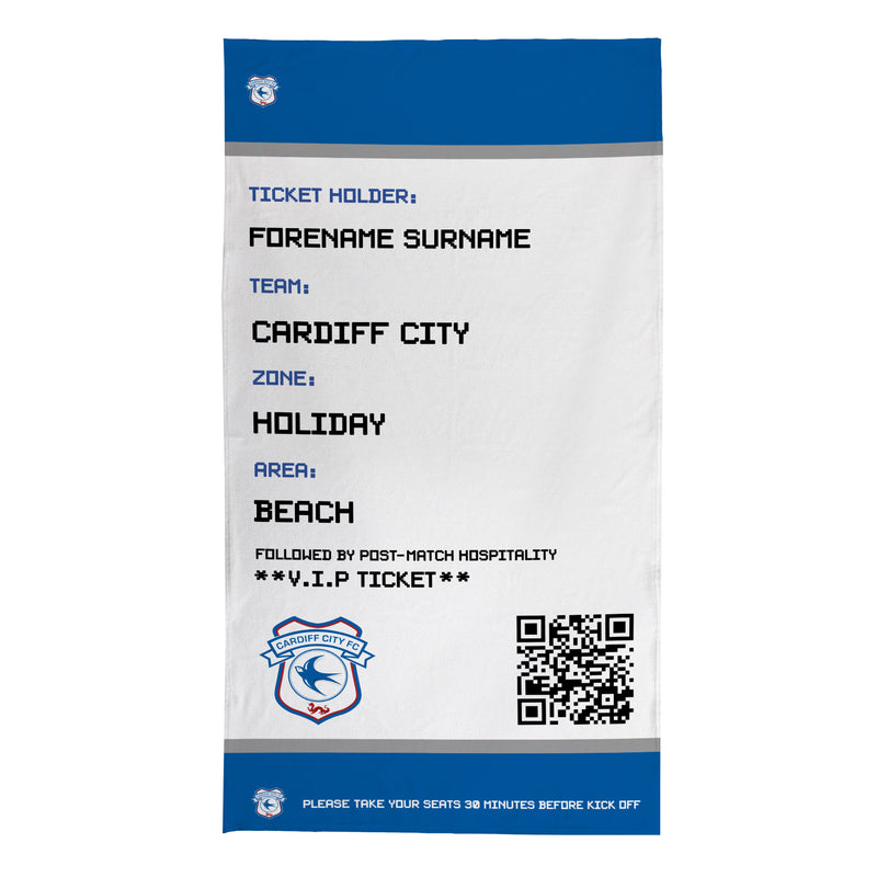 Cardiff City FC  - FD Ticket Personalised Beach Towel - 150cm x 75cm - Officially Licenced