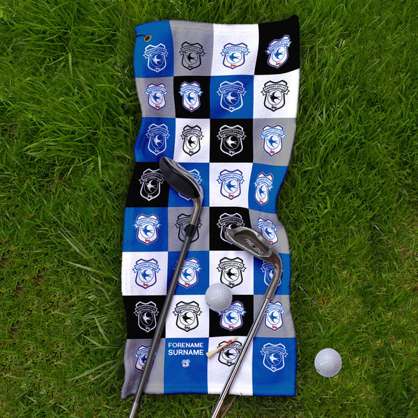 Cardiff City FC - Chequered - Name and Number Lightweight, Microfibre Golf Towel - Officially Licenced