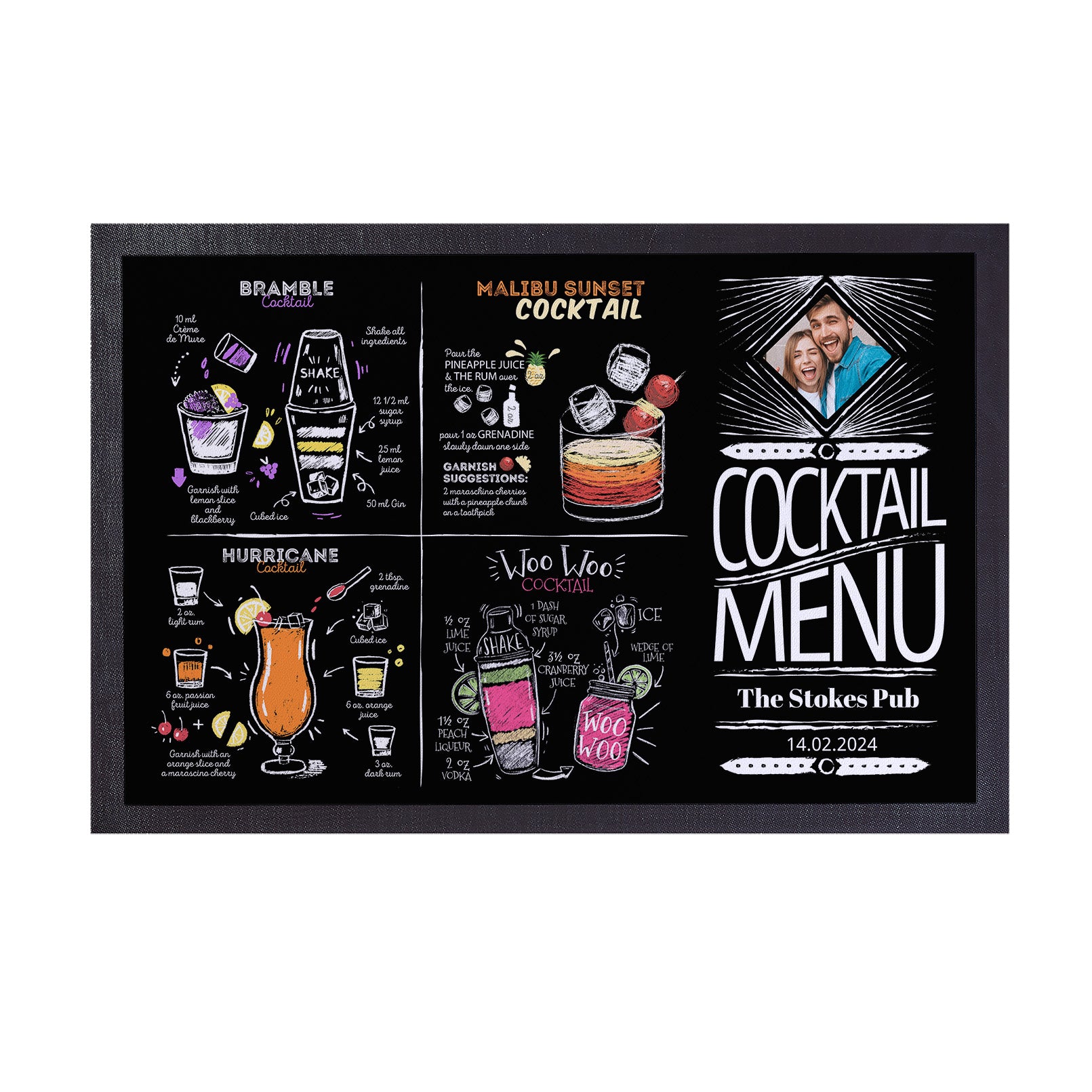Chalk Effect Cocktail Menu - Personalised Door Mat - 60cm x 40cm
