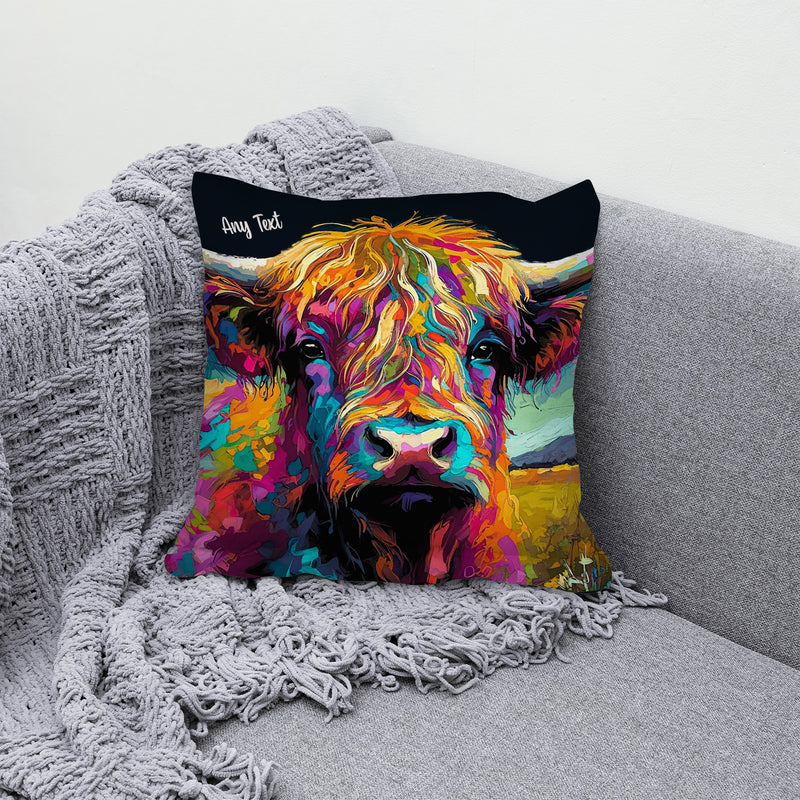 Highland Cow - Bright Colours - 26cm x 26cm - Personalised Cushion