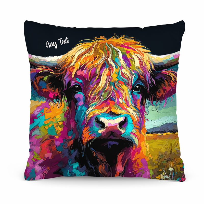 Highland Cow - Bright Colours - 26cm x 26cm - Personalised Cushion