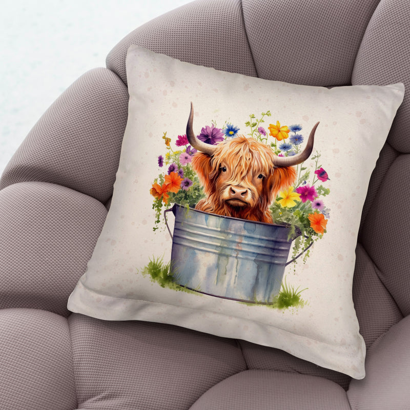 Cow - Floral Bucket - 26cm x 26cm - Personalised Cushion