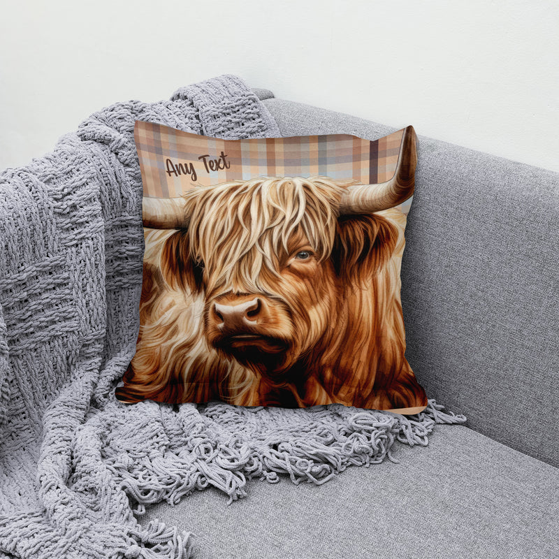 Highland Cow - Beige Tartan - 26cm x 26cm - Personalised Cushion