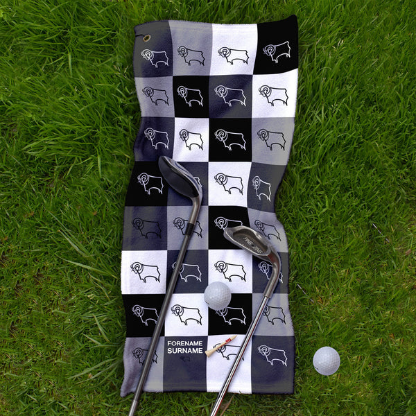 Derby County FC - Chequered - Name and Number Lightweight, Microfibre Golf Towel - Officially Licenced