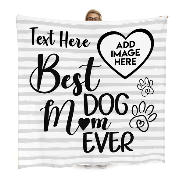 Best Dog Mum - Grey Stripe - Personalised Photo Fleece Blanket 150cm x 150cm