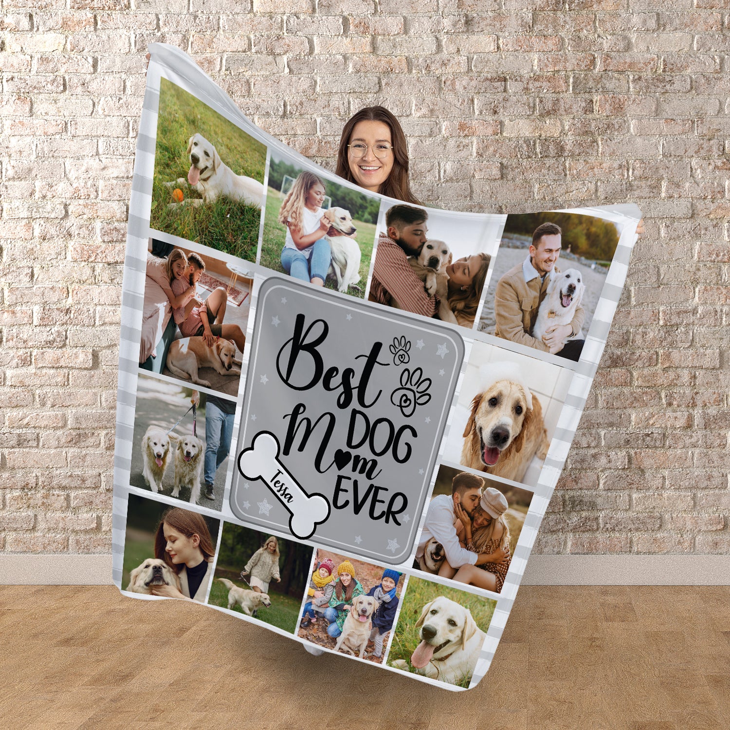 Best Dog Mum - Grey Stripe - 12 Photo - Personalised Fleece Blanket 150cm x 150cm