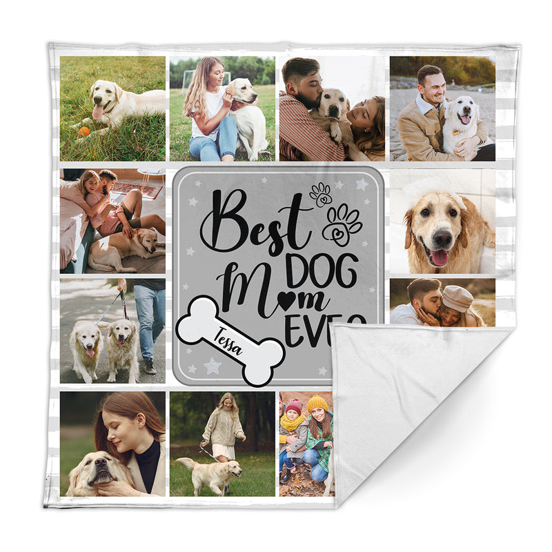 Best Dog Mum - Grey Stripe - 12 Photo - Personalised Fleece Blanket 150cm x 150cm