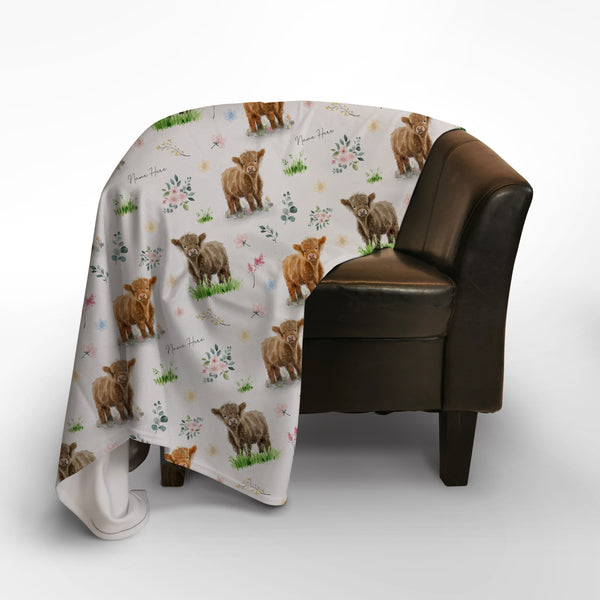 Baby Highland Cow Pattern - Personalised Fleece Blanket - 150cm x 150cm