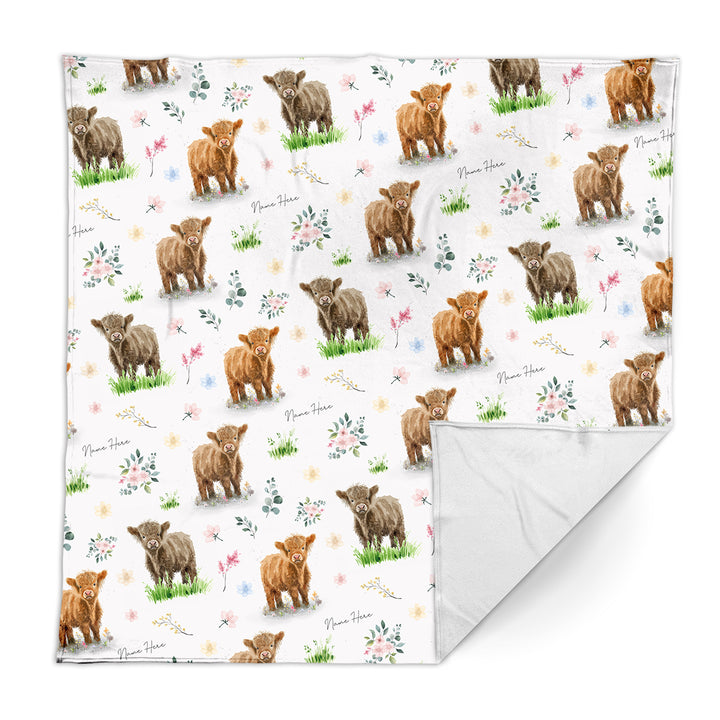 Baby Highland Cow Pattern - Personalised Fleece Blanket - 150cm x 150cm