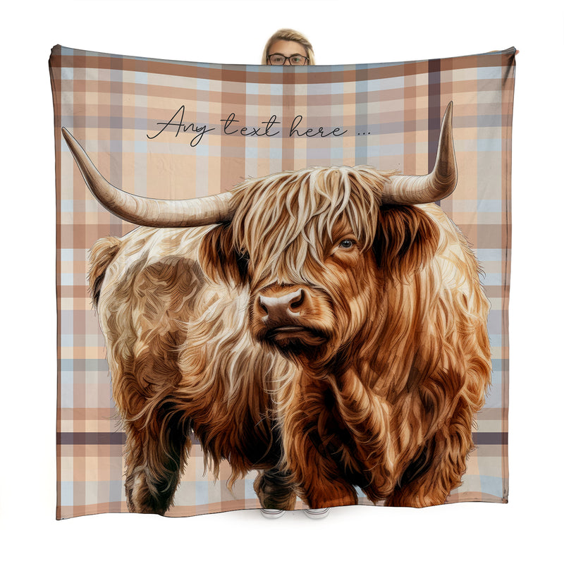 Highland Cow - Beige Tartan - Personalised Fleece Blanket - 150cm x 150cm