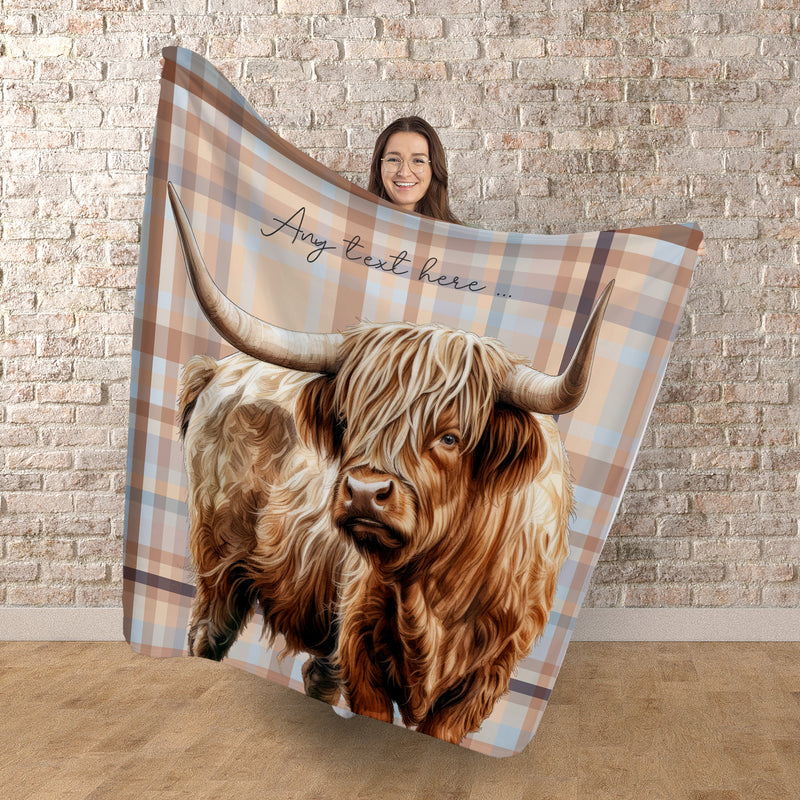 Highland Cow - Beige Tartan - Personalised Fleece Blanket - 150cm x 150cm