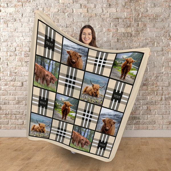 Highland Cow - Check Collage - Personalised Text Fleece Blanket - 150cm x 150cm
