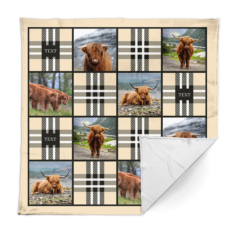 Highland Cow - Check Collage - Personalised Text Fleece Blanket - 150cm x 150cm