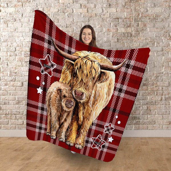 Pair of Cows - Red Check - Personalised Text Fleece Blanket
