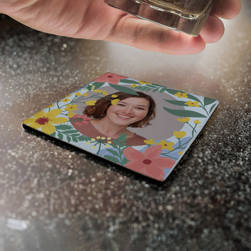 Floral Photo Frame - Blue - Drinks Coaster - Round or Square