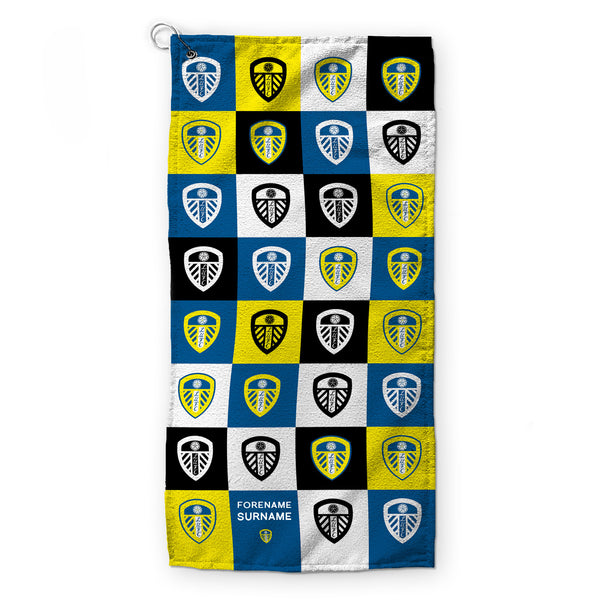 Leeds United FC - Chequered - Name and Number Lightweight, Microfibre Golf Towel - Officially Licenced