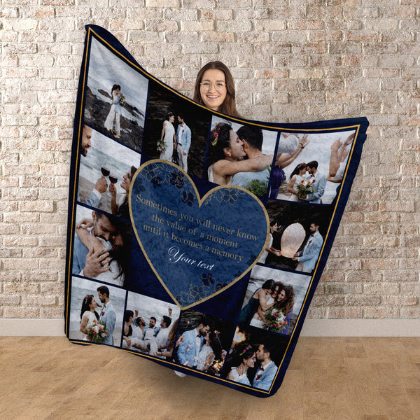 Personalised Memory - Photo Blanket - Navy & Gold -  Custom Fleece Blankets