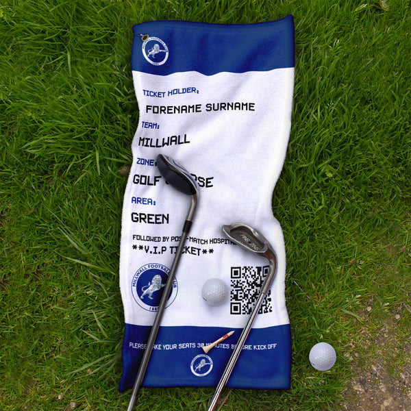 Millwall FC - Ticket - Name and Number Lightweight, Microfibre Golf Towel - Officially Licenced