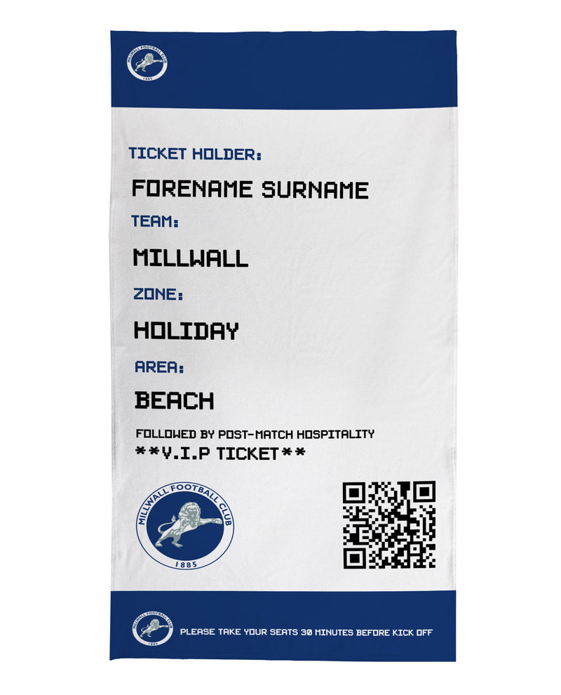 Millwall - Ticket Personalised Lightweight, Microfibre Beach Towel - 150cm x 75cm - Officially Licenced